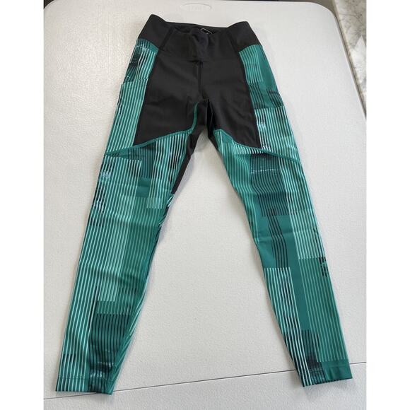 ASICS D1 Leggings Womens XS Athletic Side Pockets Black Green Stripes Activewear - Picture 1 of 11